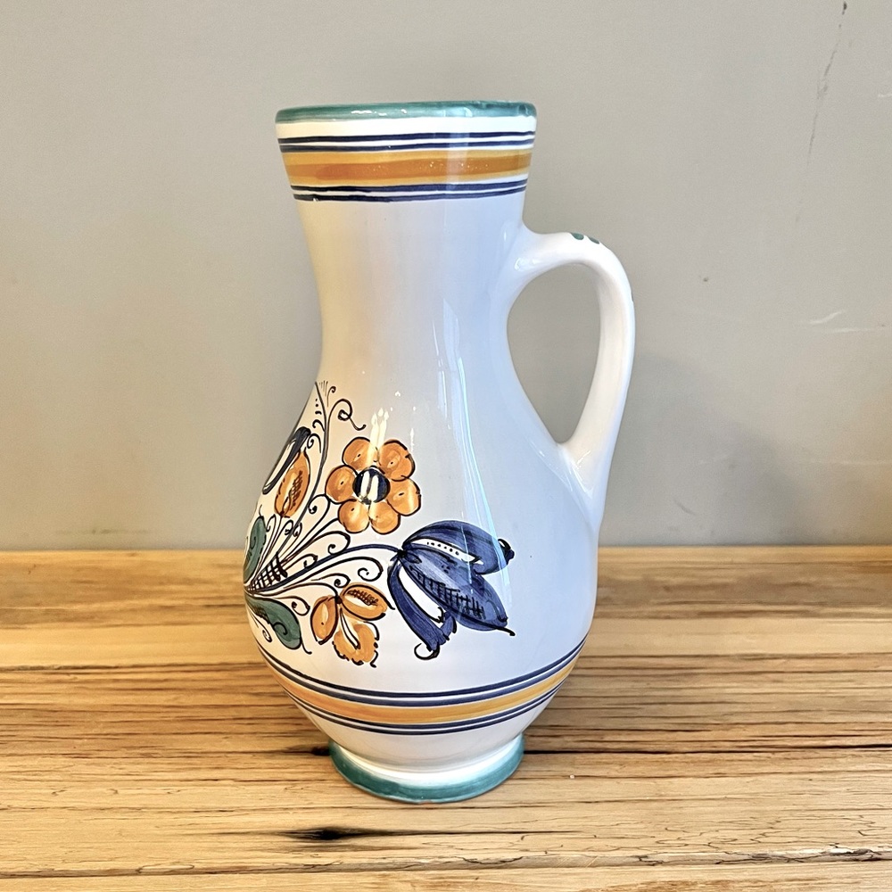 Terracotta Italian Hand Painted Floral Pottery Pitcher